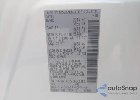 2019 Nissan Pathfinder Sv z USA, uszkodzony, nr VIN 5N1DR2MN1KC586181